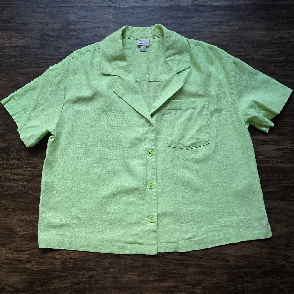 A New Day Oversized Linen Blend Shirt Neon Green Button-Up Boxy Summer Top